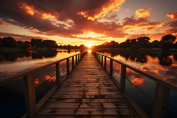 Landscape wooden bridge at orange sunset evening at lake. Colorful landscape with forest, lagoon, reflection in water. Realistic clipart template pattern.