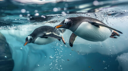 Fototapeta premium Penguins swim under the ice to find fish