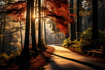 Characteristics scenery in park or forest of walkway next in green tree red autumn. Landscape natural road in beautiful forest with the morning sunlight. Background Abstract Textured.