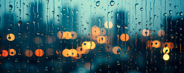 Rain drops are visible on a window pane, with tall city buildings in the background. The water droplets distort the view of the structures beyond, creating a unique visual effect. Banner. Copy space