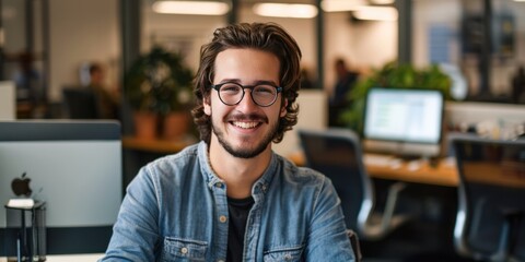 Naklejka premium man behind pc in an office who smiles into the camera