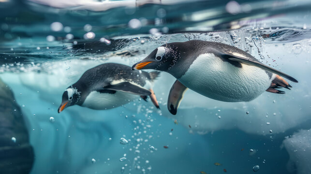 Penguins swim under the ice to find fish