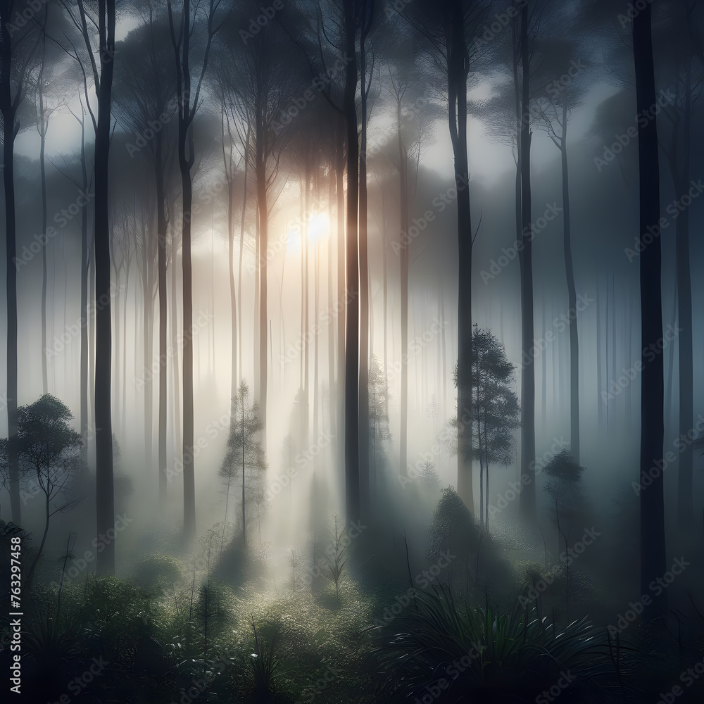 Poster mysterious forest in a fog at sunrise. 3d rendering generative by ai
