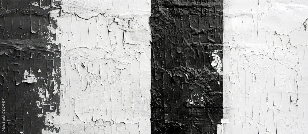 Poster a monochrome photo of a brick building with a wooden door and a tree trunk in front. the rectangular