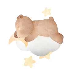 Cute little bear sleeping on the cloud. Watercolor hand drawn illustration. Can be used for cards, invitations, baby shower, posters. Vintage. - 763297446