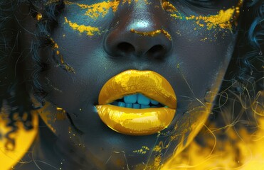 Vibrant Expression in Gold and Blue, Bold portrait of a woman adorned with vibrant gold lips and an intricate blue pattern, encapsulating a celebration of color and creativity