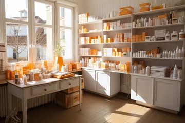 Fotobehang drugstore with a wide range of dynamic pharmaceutical items showcased in a sleek and organized setting © anwel