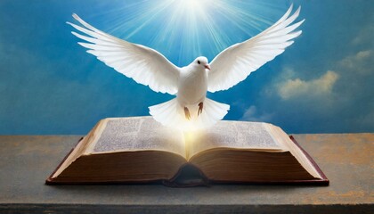Holy Spirit: White Dove with Open Wings Above the Bible. 