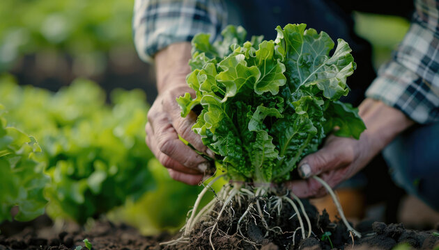 Close-up view of farmer holding and collecting green lettuce leaves with roots by AI generated image