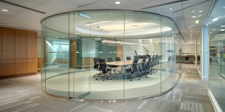 inside of a small glassroom, glass, modern