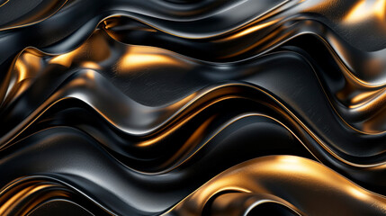 A luxury expensive abstract background featuring flowing waves in black and gold colors, creating a...