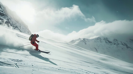 Naklejka na ściany i meble Advanced skier slides near mountain downhill. Sports descent on skis in mountains hills. Generative Ai