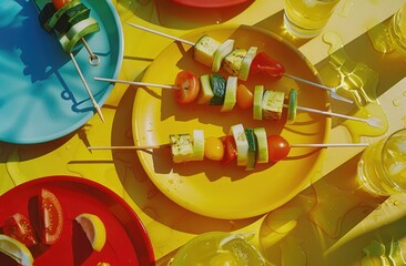 Summer BBQ Skewers, Vegetable skewers on colorful plates in summer sunlight, casting playful shadows and reflecting a joyful, festive outdoor mealtime vibe