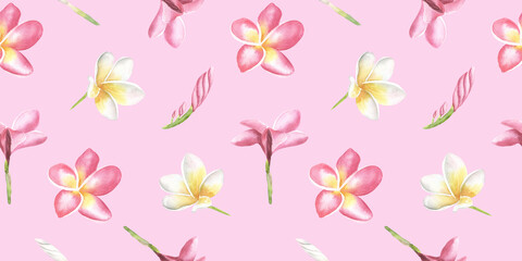 Watercolor frangipani seamless pattern. Hand drawn illustration. Plumeria or Temple tree flower. For textile, wallpaper, cosmetics design.