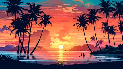 Rucksack a stunning tropical landscape featuring a beautiful beach with palm trees at sunset. © Алла Морозова
