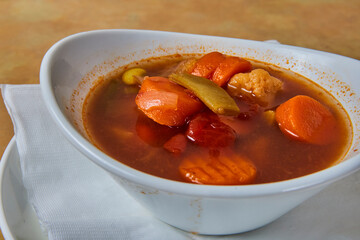 Hearty Homemade Beef Stew in White Bowl, Eye-Level View