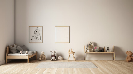 Fototapeta na wymiar A room with a white wall and a wooden floor. A bed is in the corner of the room. There are two teddy bears on the floor