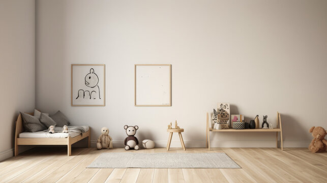 A room with a white wall and a wooden floor. A bed is in the corner of the room. There are two teddy bears on the floor