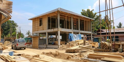 pictures of house construction site from outside durung day time