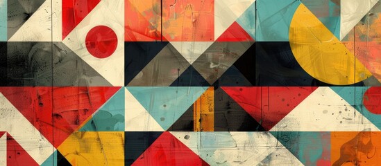 A colorful geometric pattern of light blue triangles and yellow circles on a wooden flooring. The art features lines, red rectangles, and symmetry