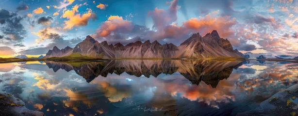 Foto auf Acrylglas Reflection Stokksnes, vestrahorn mountains reflecting in the water, colorful sky, panorama