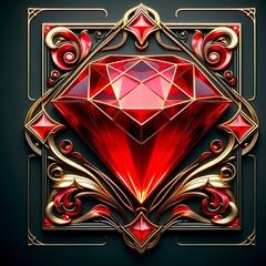Red diamond with golden design in black background 