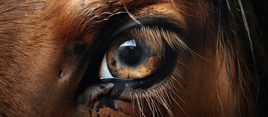A closeup of a terrestrial animals eye with long eyelashes, possibly a horse or dog breed. The eyelashes frame the eye, adding to the animals beauty and charm - obrazy, fototapety, plakaty