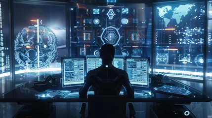Fotobehang Man Working as a Developer, Surrounded by Big Screens Displaying Lines of Code in a Dark Monitoring Room. Black Male Programmer Using Desktop Computer, Analysing Data, Creating AI Software © Volodymyr Shcerbak
