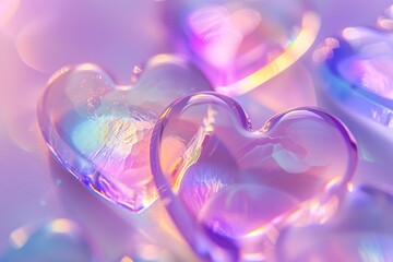 closeup image of various hearts arranged on a vibrant purple backdrop, resembling delicate petals floating in fluid. The violet and pink hues create a stunning artwork of love and beauty - obrazy, fototapety, plakaty