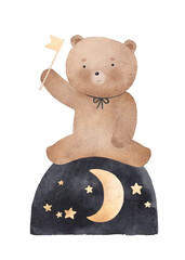 Teddy bear among the stars. The bear is dreaming. Watercolor illustration. Can be used for cards, invitations, baby shower, posters. Vintage.