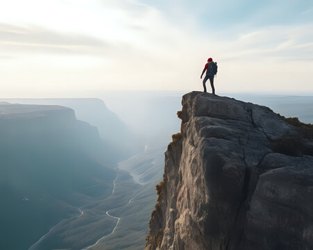 a person standing on top of a large rock, standing on the edge of a cliff.