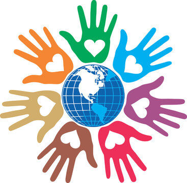 Human hands with heart icon surrounding the globe. International Day for Tolerance.Transparent background image for banner, card, poster. PNG format