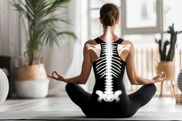 Yoga Woman in Lotus Pose with Visible Spine Bones, Black Sportswear, Home Interior