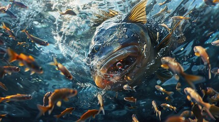 a swarm of small fish surrounding and ambushing a single large fish, illustrating the power of unity and cooperation in overcoming formidable challenges in nature
