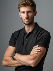 A serious male model with folded arms in a black polo, accessorized with an elegant timepiece