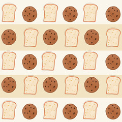 Obraz premium Seamless pattern with trendy hand drawn bread and cookies on boho color background suitable for fabric, bag, wrapping paper, surface design, children clothing, nursery product design