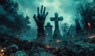 A zombie hand emerges from a grave on a horrifying night. by AI generated image - obrazy, fototapety, plakaty