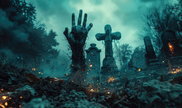 A zombie hand emerges from a grave on a horrifying night. by AI generated image