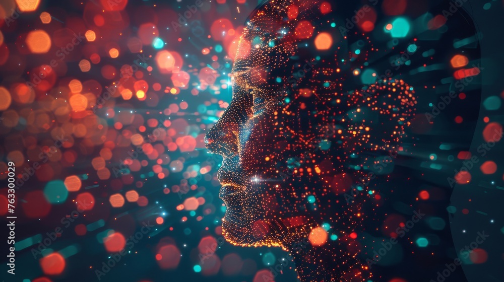Poster digital portrait of a thinker, head surrounded by digital light patterns, symbolizing the connection