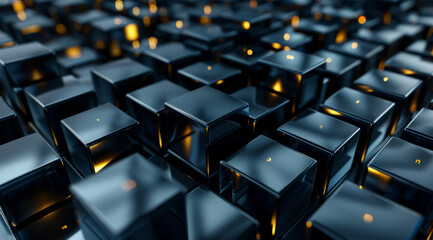 Vivid image featuring a dense layout of geometric cubes illuminated by a golden ambient light