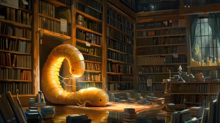 Worm in a library, sliding between giant book pages, discovering worlds within words, a lamp casting a warm glow