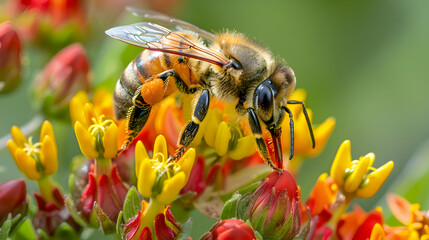 A close-up of a bee pollinating a colorful wildflower, highlighting the crucial role of pollinators in ecosystems