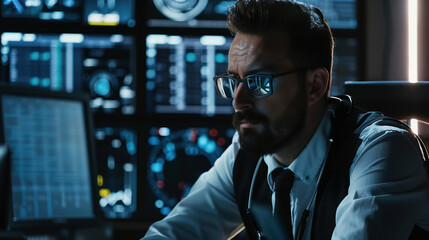 Fototapeta premium Technical Operator Sits and Monitors Various Activities on Computer Displays In the System Control Room. Responsibility for Information Security in the Company Concept