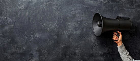 Hand Holding Megaphone on Blackboard Background with Space for text