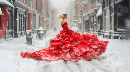 beautiful blonde woman wearing a red evening dress in a winter scene of a city street