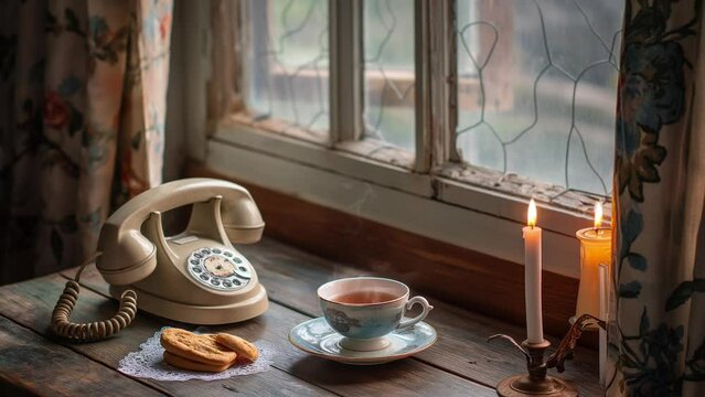 Retro old telephone with a cup a tea and candle on the table near the window, animation seamless looping video 4k