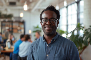 Fototapeta premium An affable African American executive in a vibrant coworking environment