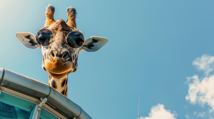 Giraffe in aviator sunglasses, leaning out of an airport control tower, serving as an alert air traffic controller overseeing the safe flow of aircraft. - obrazy, fototapety, plakaty
