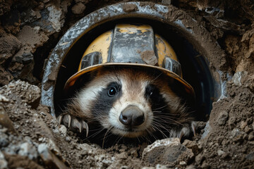 Badger wearing a miner's helmet, digging through a tunnel, representing a dedicated geologist surveying underground resources. - obrazy, fototapety, plakaty
