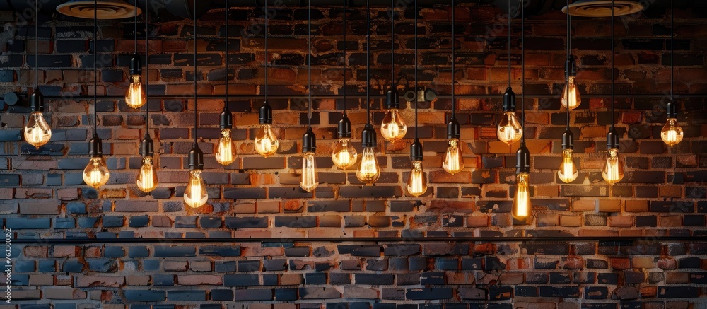Poster a collection of illuminated light bulbs hangs from the ceiling in front of a brick wall in the city,